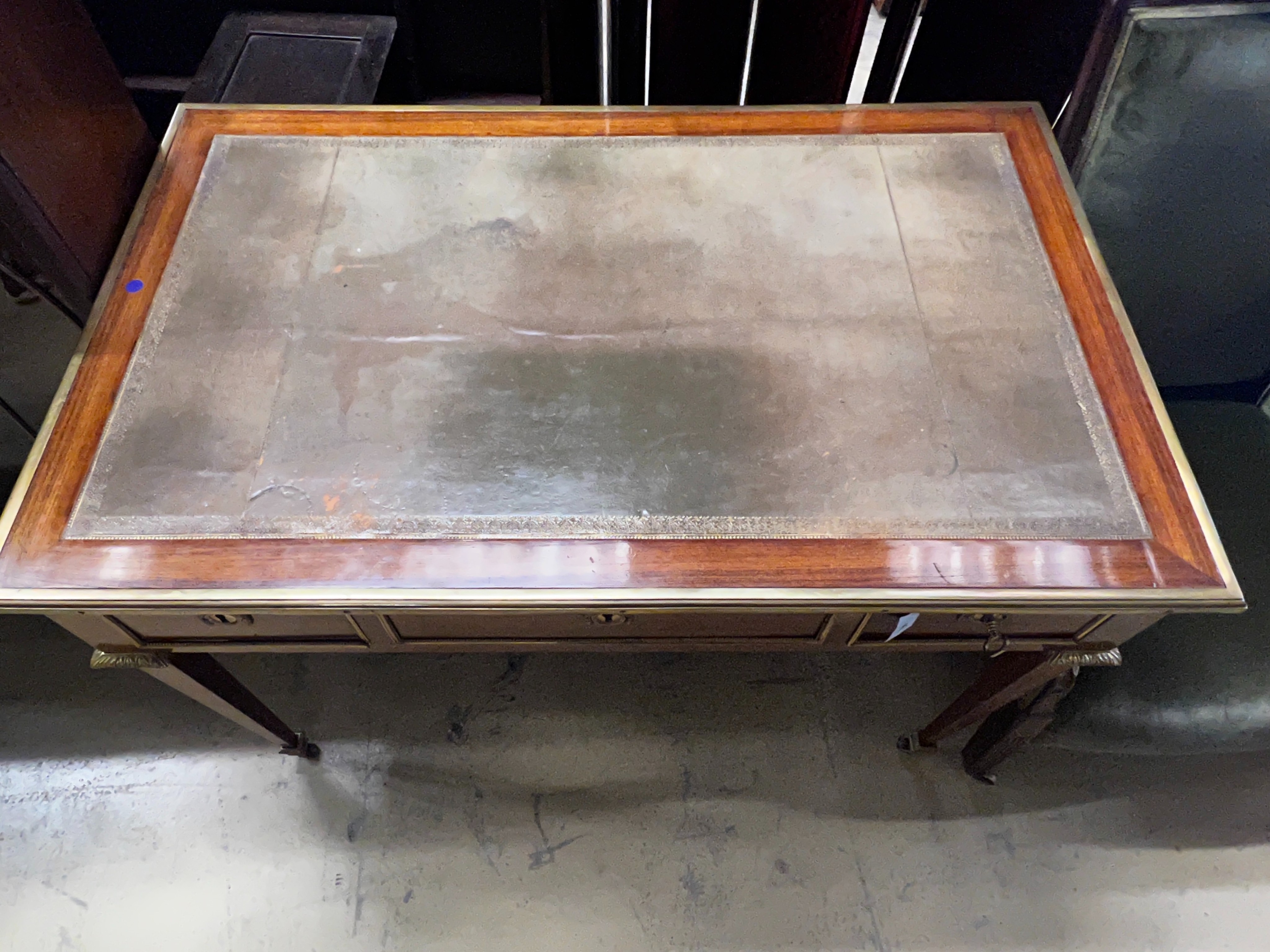 An early 20th century French gilt metal mounted kingwood bureau plat, width 113cm, depth 70cm, height 78cm